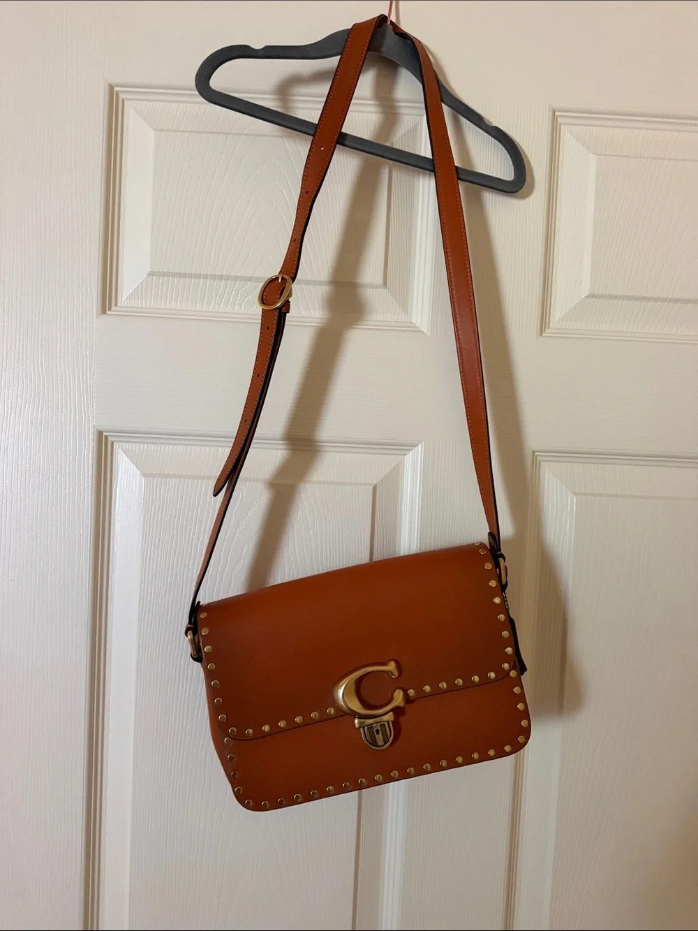 Coach Tan Leather Crossbody with Gold Studs & Turnlock